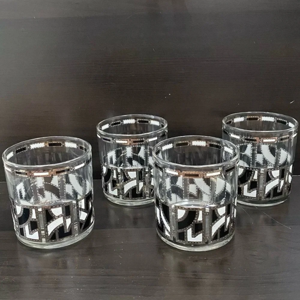 4 CULVER Rare HTF MidMod Silver White Black Abstract Design Rock Tumbler Glass